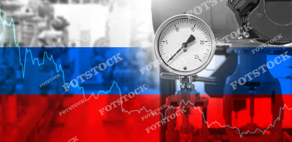 Манометр, измеряющий давление, с наложением российского флага и графика, символизирующего изменения цен на энергоносители. Изображение подчеркивает важность контроля в энергетической промышленности России и влияние колебаний цен на мировом рынке.